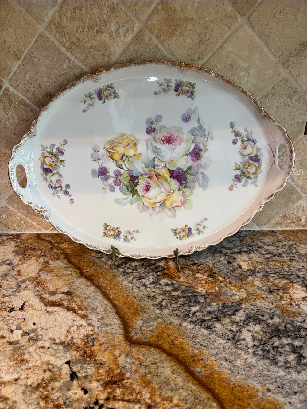 Bavarian Floral Porcelain Serving Platter with Gold Trim
